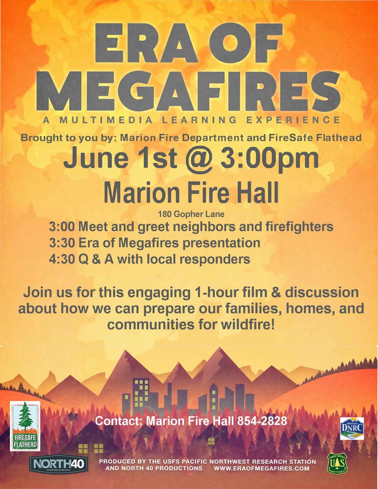 Flyer advertising Era of Megafires film presentation and panel discusssion on June 1, 2019 at Marion Fire Hall.