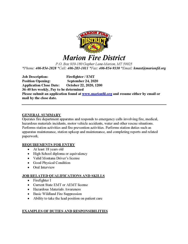 Image of first page of PDF file containing description of job description details for hiring a firefighter/EMT.