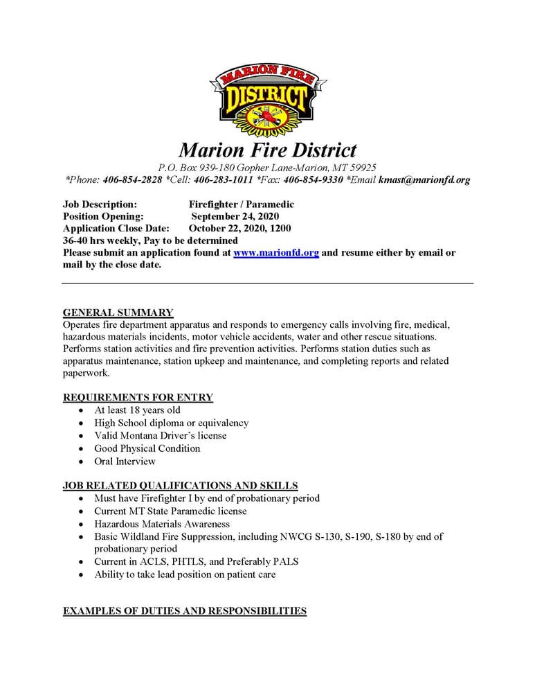 Picture of the first page of the .PDF file of the job description details for hiring a firefighter/paramedic.