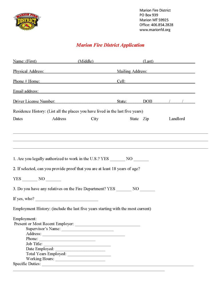 Image of first page of PDF file containing hiring application to Marion Fire District.