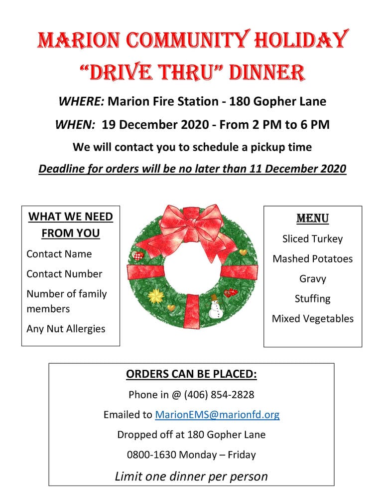 Flyer for Marion Fire Department's Annual Community Holiday Dinner