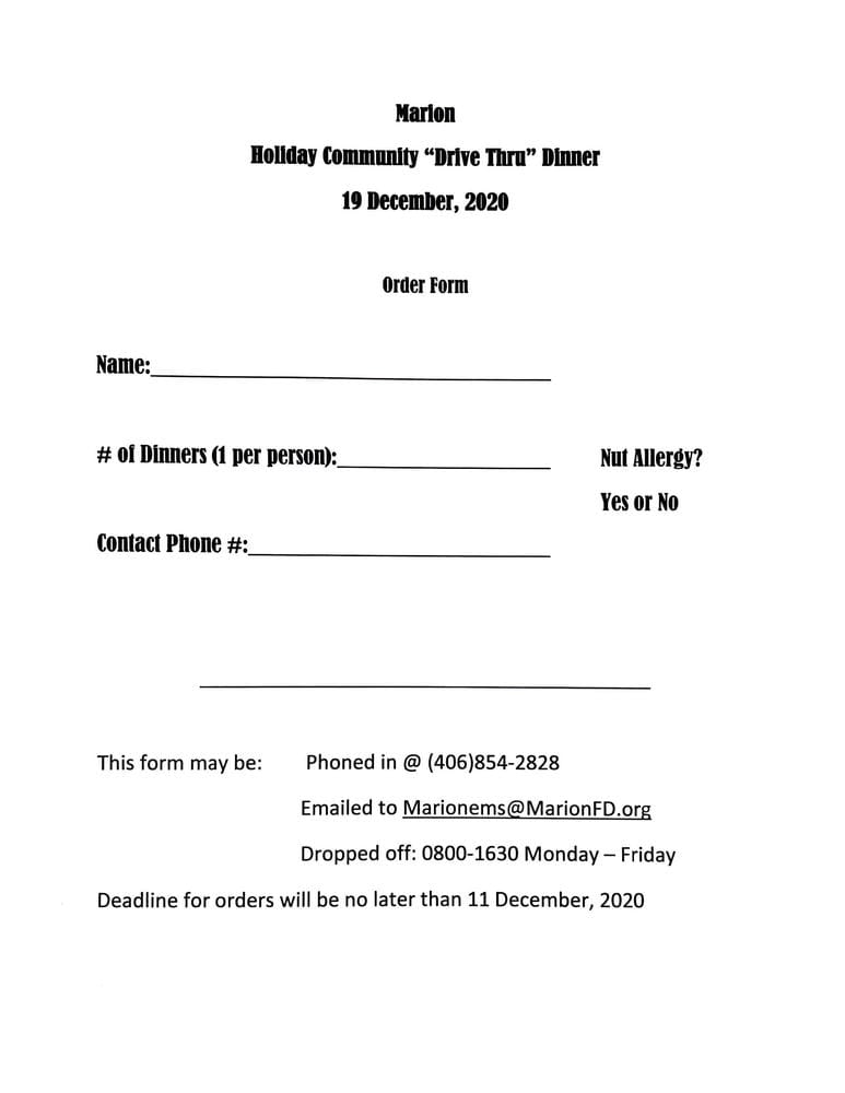 Community Holiday Dinner 2020 Meal Reservation Order Form